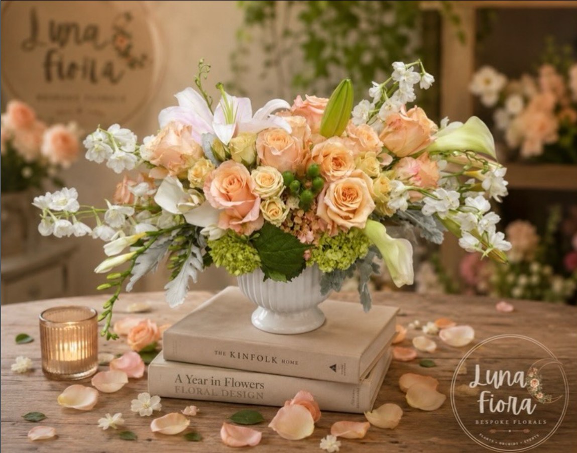 Peach and cream garden-style floral centerpiece by Luna Fiora, styled with candlelight and scattered petals
