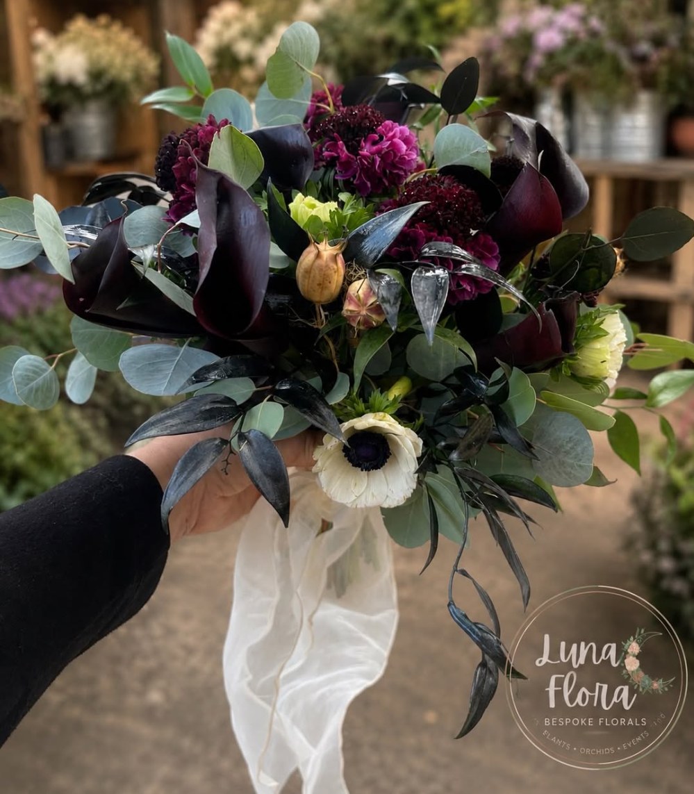 Moody hand-tied bouquet of black calla lilies, plum scabiosa and eucalyptus wrapped in silk ribbon